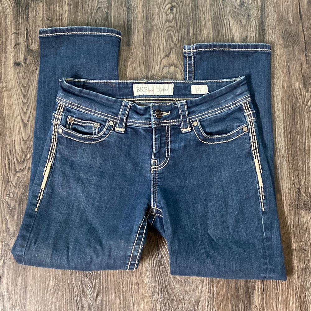 BKE Dakota crop jeans waist 27, have stretch to them.  Great shape now holes.